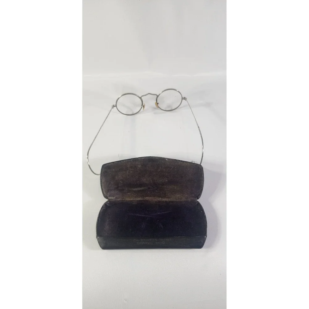 Antique Round Wire Rim Spectacles Silver Tone Cable Temple Glasses with Case